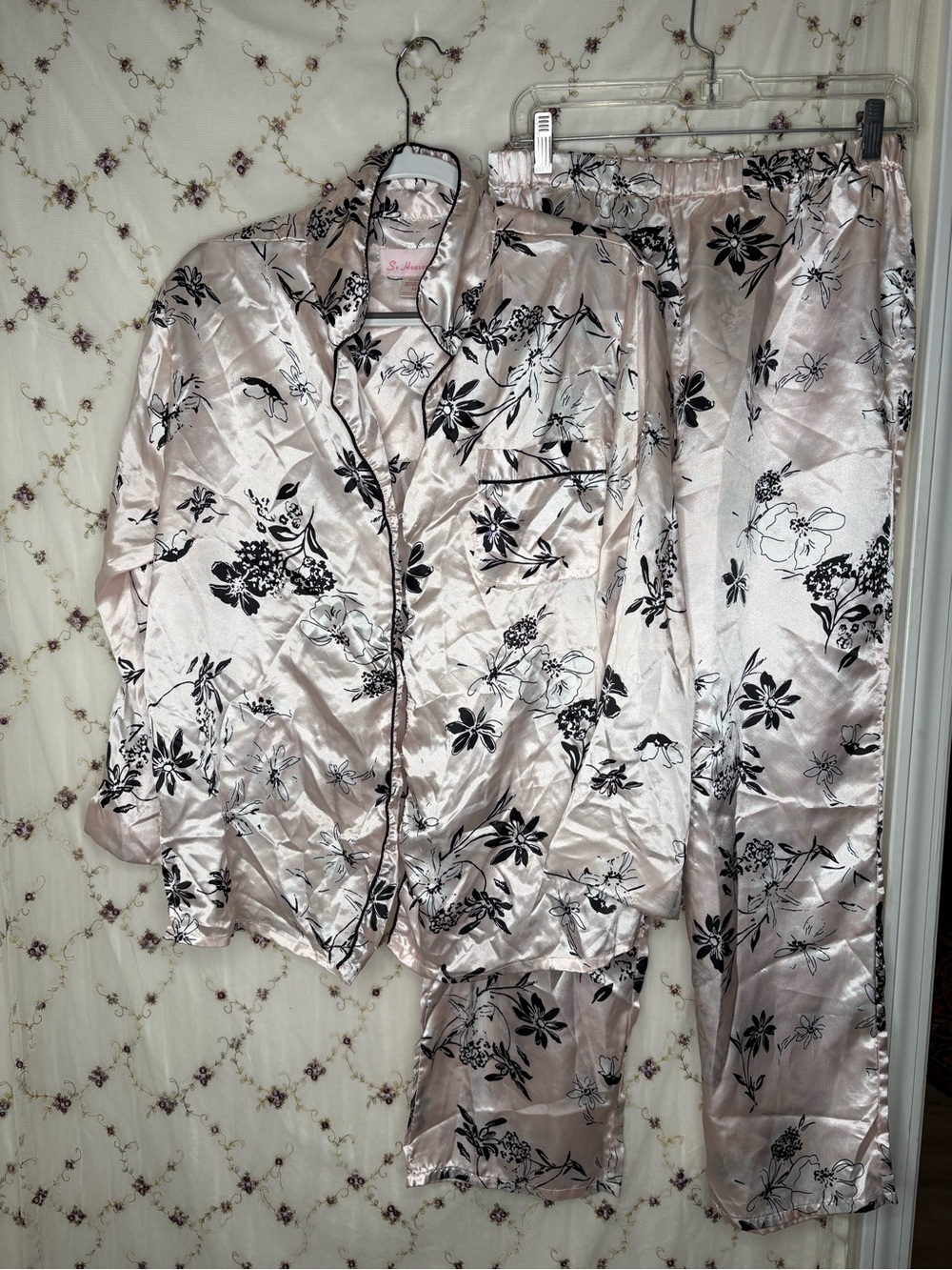 Satin Blush Pink Floral Pajama Set with Black Floral Print